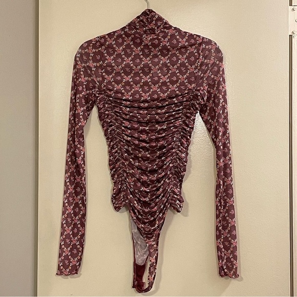 INTIMATELY by FREE PEOPLE Under It All Ruched Mesh Turtleneck Bodysuit in Garnet - Picture 8 of 11